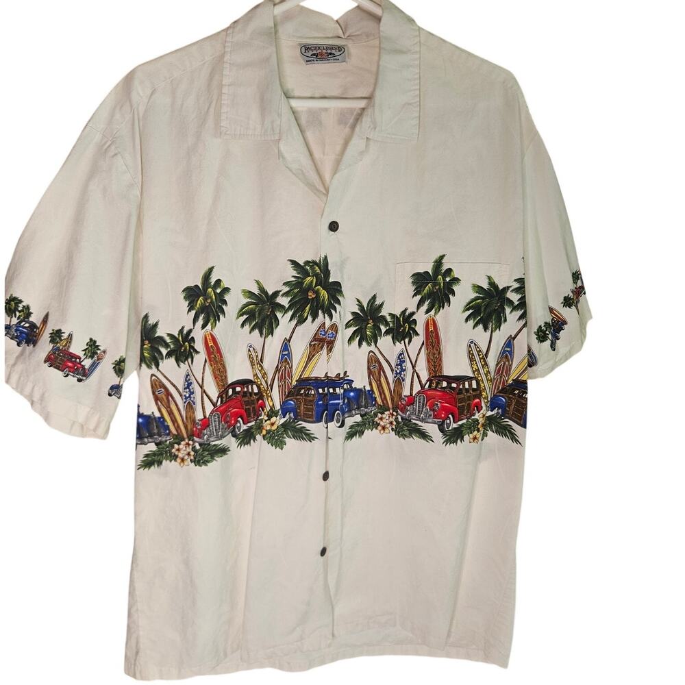 Pacific Legend Hawaiian White Shirt‎ Sz XL Cars Surfboards Collared Button Up